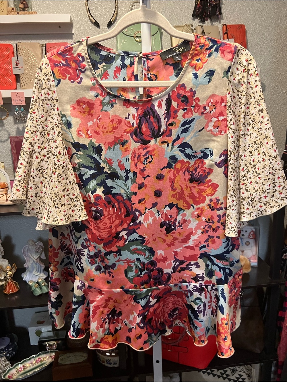 Suzanne Betro Coral Pink Floral Peplum Blouse with Cream Bell Sleeves
